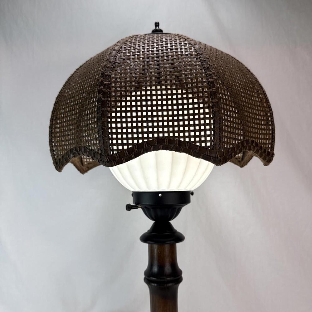 Vintage 70's Tropical BAMBOO LAMP Wicker Shade White Glass Globe Boho Chic - Picture 2 of 15